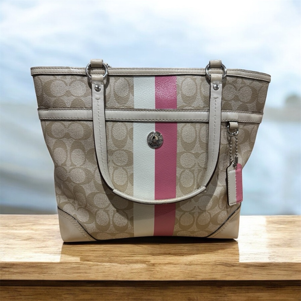 Coach Signature Beige Tote with Hand Crafted Bag Charm Jewelry - Picture 11 of 14